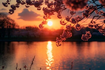 Poster - The golden hues of sunset illuminate cherry blossom branches hanging over a reflective lake, offering a moment of pure tranquility and natural splendor.