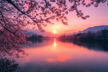 a stunning sunset is captured over a serene lake surrounded by blooming cherry blossoms and distant 