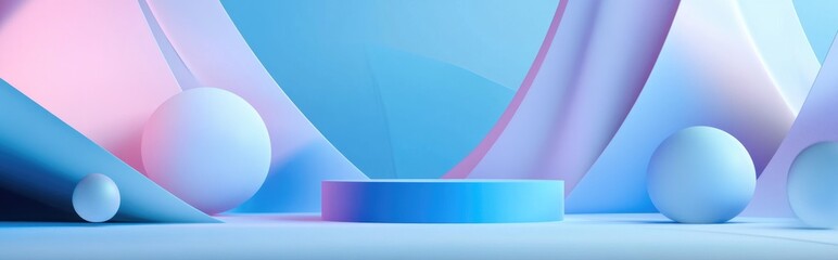 Poster - 3D blue podium background texture featuring pastel hues Abstract geometric forms including triangles and spheres 3D rendering suitable for mockup Minimalist scene with creative concepts