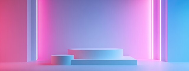 Poster - 3D render of a product podium featuring shelves in a minimalist white room