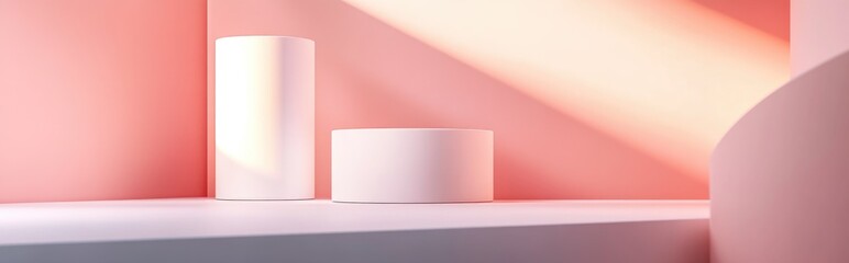 Poster - 3D illustration featuring a geometric white cube and cylinder podium designed for showcasing cosmetic products An abstract composition set against a pastel background in a modern style