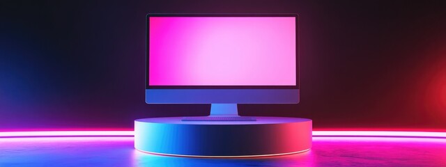 Poster - 3D rendering of a white desktop monitor displayed on a neon cylindrical podium