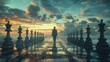 © North - A solitary figure walks on a reflective pathway flanked by giant chess pieces under a vibrant, cloudy sky at sunset.