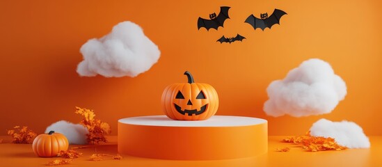 Aufkleber - 3D rendering of a podium featuring Halloween themed elements including a pumpkin bat and cloud suitable for product showcasing