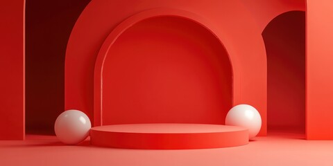 Wall Mural - 3D rendering of a minimalistic backdrop for cosmetic cream products featuring a contemporary red podium