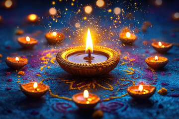 Burning diya lamps on blue rangoli for diwali celebration, symbolizing triumph of good over evil in vibrant, glowing patterns