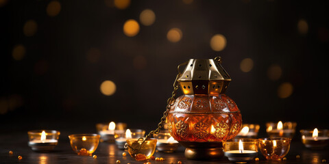 Wall Mural - Beautifully decorated diwali lamp glowing brightly, creating a warm and inviting atmosphere for the celebration of the festival of lights. Banner