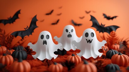 Three Friendly Ghosts and Bats Over Orange Pumpkins