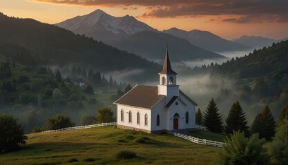 Wall Mural - Serene Mountain Church at Sunset