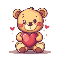 Canvas Print - A cute and playful teddy bear clipart holding a heart with a cartoon-style illustration, radiating warmth and love