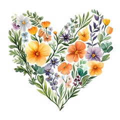 Wall Mural - Spring floral heart watercolor illustration, spring clipart on white background 