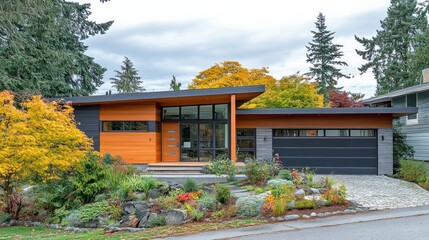 Poster - Modern house with wood siding and stone accents.