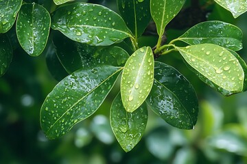 Wall Mural - Closeup of Green Leaves with Raindrops - Realistic Photo