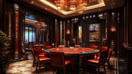 A luxurious, dimly lit room with a red felt gaming table surrounded by red leather chairs in a Chinese style casino.