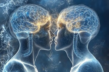 Sticker - Intricate depiction of two human figures with interconnected brains symbolizing shared consciousness empathy and deep interpersonal connections in a vibrant glowing digital artwork