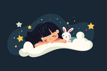A vector illustration of a little girl sleeping peacefully on a cloud, accompanied by a cute bunny, under a starry night sky.