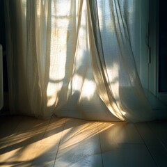 Poster - Soft, flowing curtains soak in the golden sunlight, casting subtle shadows onto the floor, contributing to the calm, peaceful atmosphere and beauty of the quiet room.