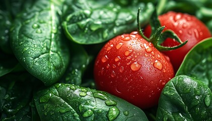 Spinach green closeup leaves and red tomato pattern vegetable agriculture background