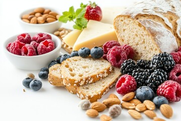 A colorful arrangement of bread, cheese, nuts, and berries for a healthy snack or meal.