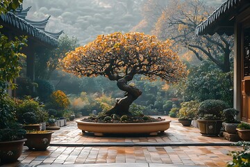 Wall Mural - Bonsai Tree in a Chinese Garden - Illustration