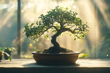 Wall Mural - Bonsai Tree in a Pot with Sunlight Streaming Through Window - Photo