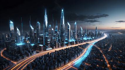 Glowing digital data streams flowing through a virtual cityscape, futuristic glowtime, tech innovation and connectivity.