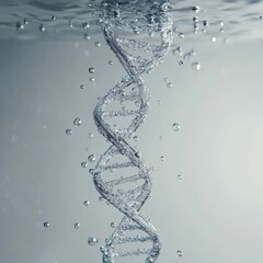 Poster - A digitally rendered artwork featuring a DNA strand floating just beneath a calm water surface, highlighting the intersection of molecular biology and nature in a serene environment.