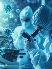 Aufkleber - Two medical workers in protective suits conduct research on viruses using a microscope, highlighting efforts in disease detection and control in a laboratory. Generative AI