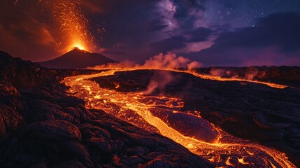Poster - An eruption captures the fiery intensity of molten lava flowing over a rugged landscape, offering a dramatic and captivating glimpse into the primal forces of the Earth.