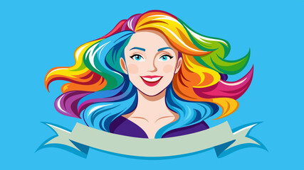 Young beautiful smiling happy woman with rainbow colored wavy hair isolated on flat blue background with copy space, banner template of Creative hair coloring