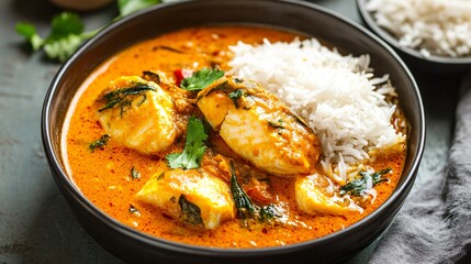 A bowl of Kerala-style fish curry with coconut milk, served with steamed rice and papadam