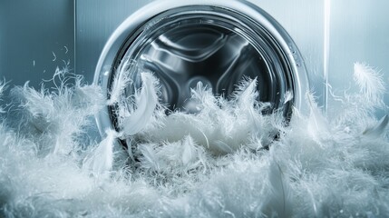 Aufkleber - A washing machine drum full of white feathers, creating a soft and delicate scene that symbolizes purity and gentleness in a household context.