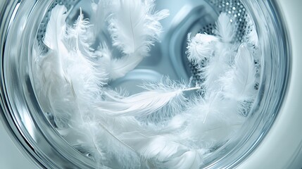 Poster - A collection of soft white feathers inside a washing machine, creating an airy and light visual that exudes gentleness and purity in a serene household context.
