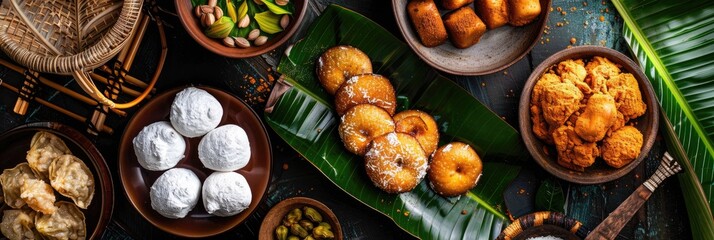 Poster - Traditional sweet treats of Kokis, Kewum, Aluwa, and Aasmi displayed on a table from a top view.