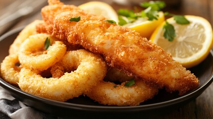 A dish of fish fry with crispy, spiced coating, served with lemon wedges and onion rings