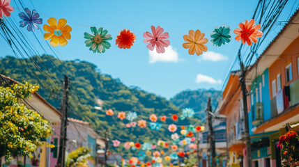 Wall Mural - Spring Festival in Brazil, flower decorations symbolizing spring are hung along the streets, city background with green mountain scenery, AI generated Images