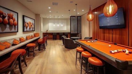 Canvas Print - A contemporary game room with orange leather bar stools, a pool table, and artwork.