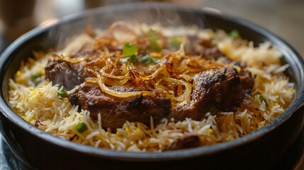 Wall Mural - A dish of steaming hot biryani with saffron rice, tender meat, and fried onions