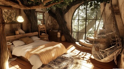 Wall Mural - A cozy bedroom with a large window overlooking the forest