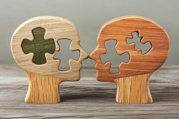 Poster - Wooden sculpture of two human profiles with missing puzzle pieces symbolizing the incomplete understanding of relationships communication and the ongoing search for connection and meaning