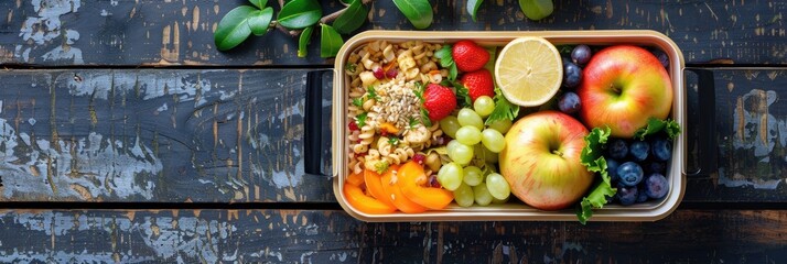 Canvas Print - Realistic lunchbox containing food and fruits displayed on a table from a top-down perspective.