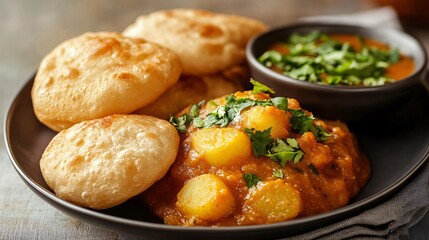 Wall Mural - A plate of poori bhaji with fluffy puris and a spiced potato curry, garnished with coriander