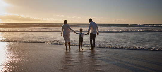 Poster - Black family, holding hands and walking on beach for relax with bonding, adventure and holiday fun with back. African people, parents and child at ocean for travel, support and enjoyment in summer