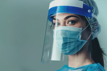 A young doctor portrait in protective mask on gray background. Medical specialist in professional uniform. Face shield. Beautiful brunette girl in protective gear. Confident nurse. Panoramic crop A yo