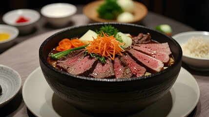 Luxurious Wagyu Beef Sukiyaki - Rich ingredients artistically decorated.