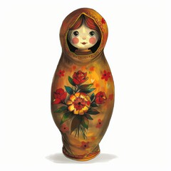 Wall Mural - A traditional Russian nesting doll, painted in vibrant colors with a floral design, stands against a white background