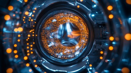 Aufkleber - A close-up view of the interior of a washing machine, with orange and blue glowing lights, creating an abstract and futuristic visual effect that is stylish and modern.