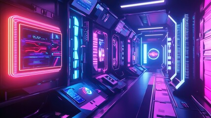 Poster - 3D rendered illustration of an abstract gaming background featuring a sci fi cyberpunk aesthetic with a vibrant neon display showcase