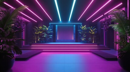 Poster - 3D rendered illustration of an interior event stage featuring LED lighting for nighttime setup