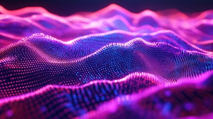 Poster - 3D rendering of a neon grid terrain with gradient effects Visualization of data generated through scientific processes